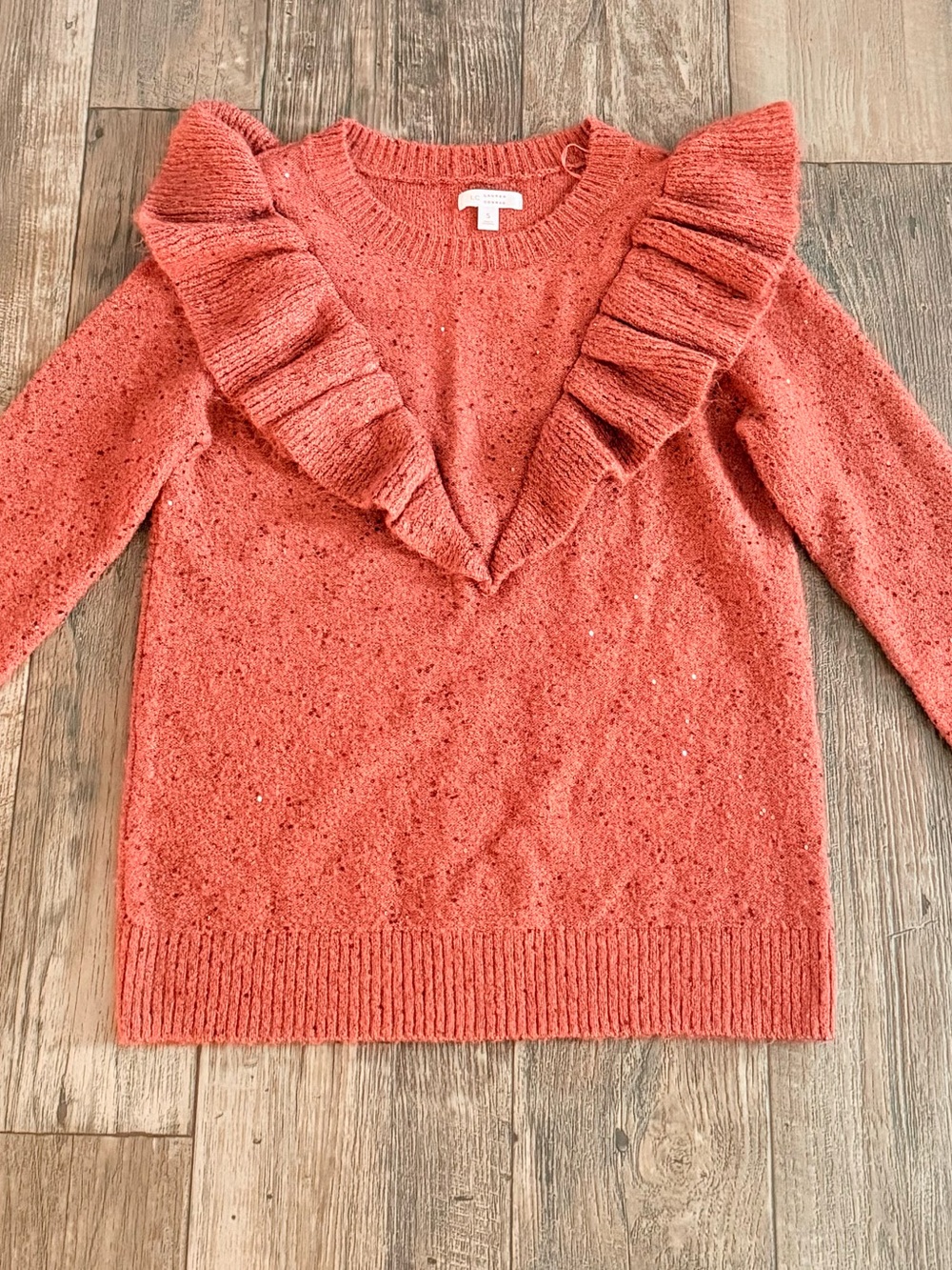 Women’s Ruffle V-Neck Sweater in Coral Pink